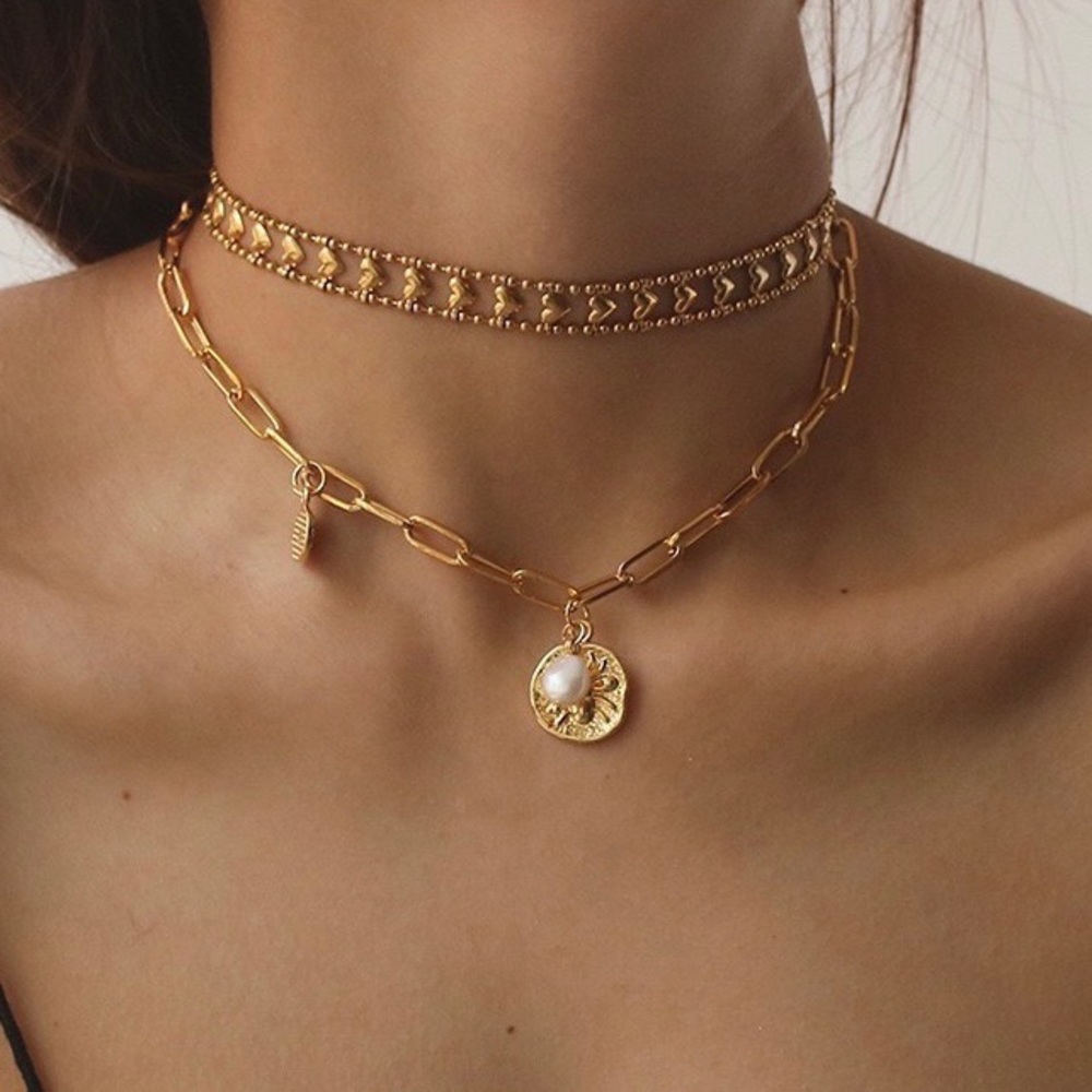 Gold layered necklace with charm, gold necklace with pearl, gold choker